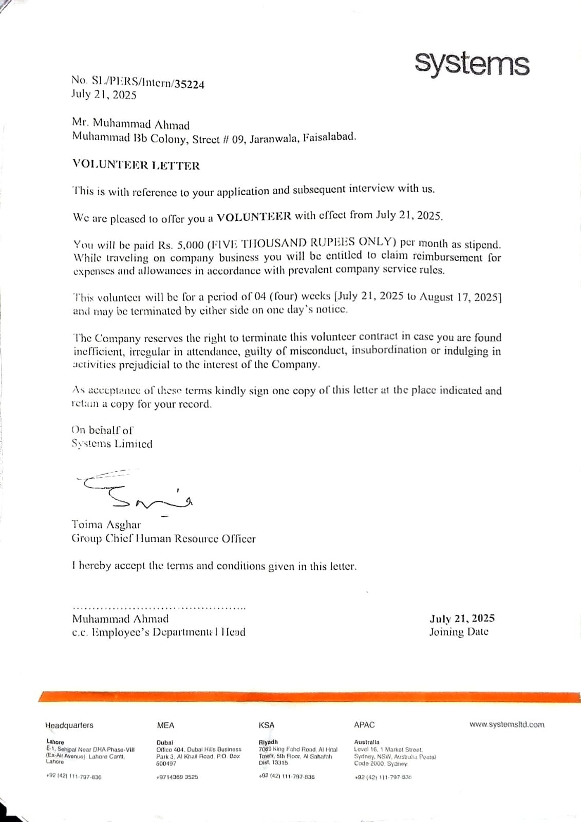 Offer letter